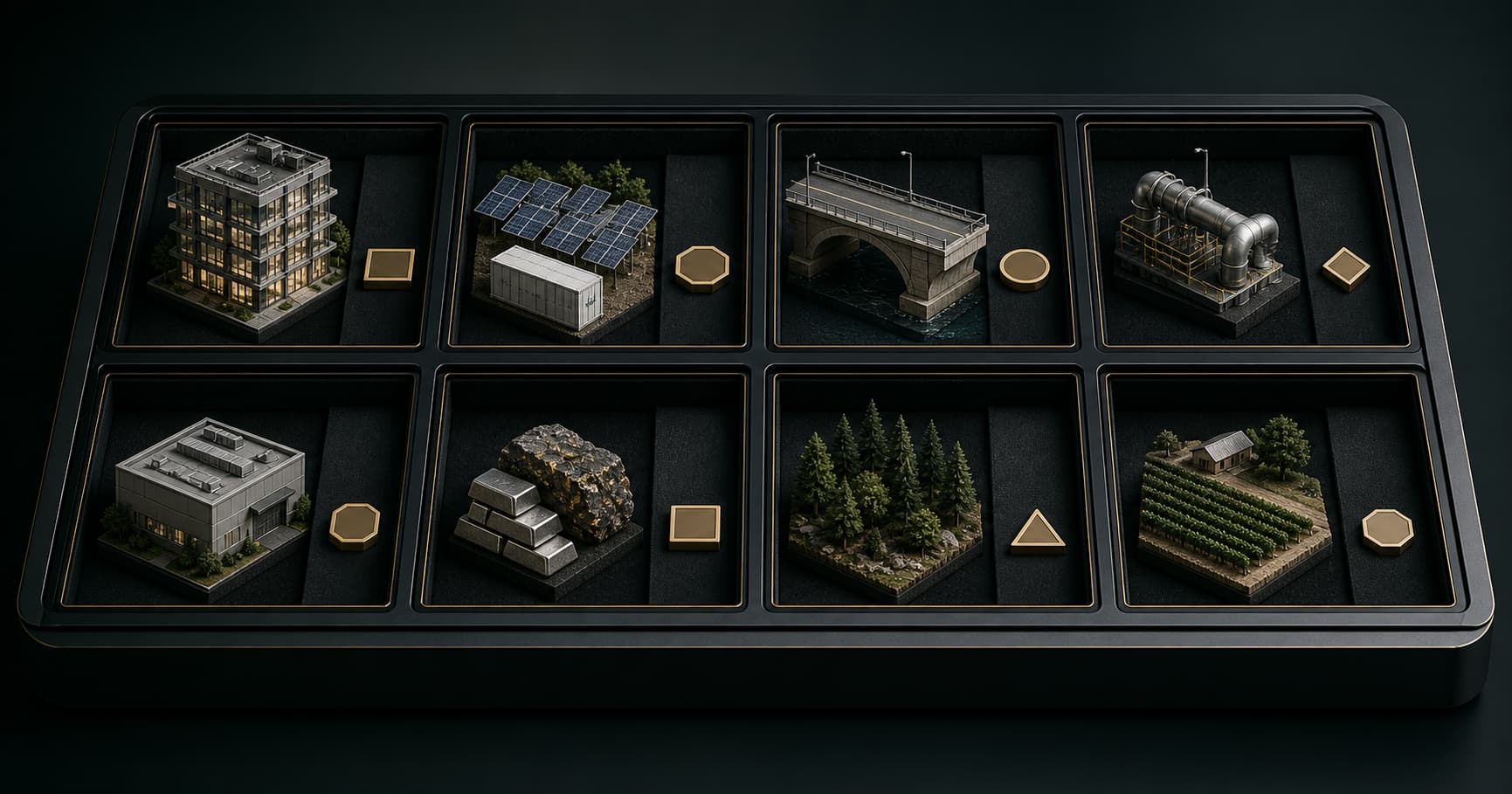 Diversified real-world asset miniatures arranged in a secure tokenized portfolio vault.