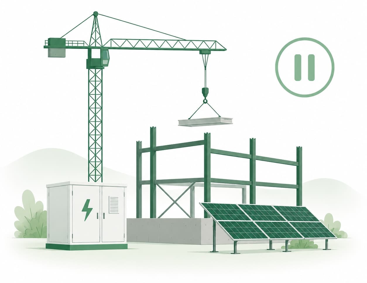 A clean-energy project under construction sits paused — crane idle, panels uninstalled — illustrating stalled deployment when incentive value can't be financed.
